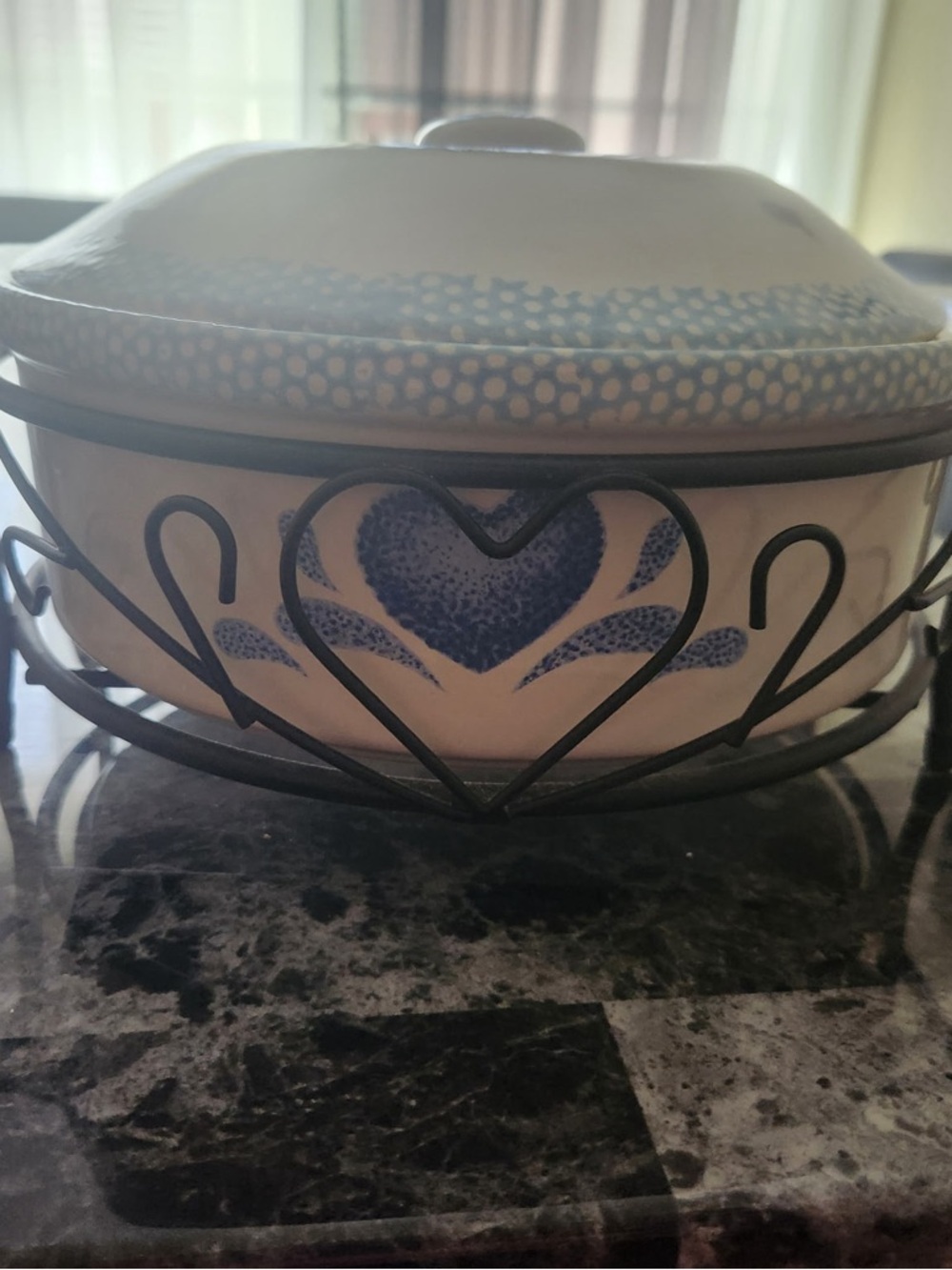 Corningware Blue and Cream Heart Pattern Covered Casserole Dish